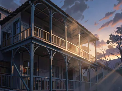 Two-storey ironwork library at dusk where a sun shaft slants through dust, warm 