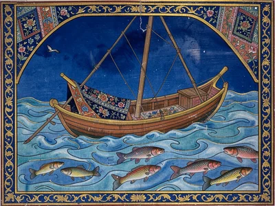 Boat crossing a stylized river, fish visible in the water below