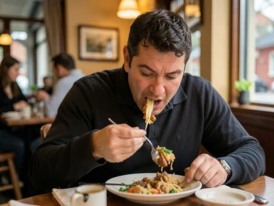 Man eating alone at a restaurant, caught checking if anyone is watching him eat 