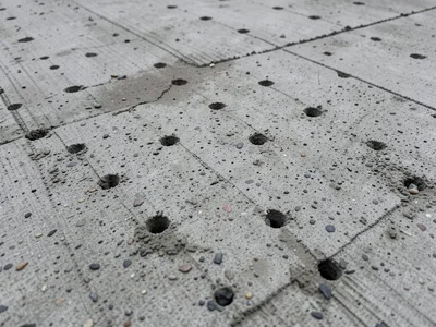 Concrete with embedded shadow, form tie holes in grid pattern creating regular d