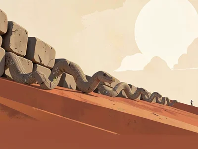 Long pre-columbian-style stone wall snakes across a copper-red plateau under a s
