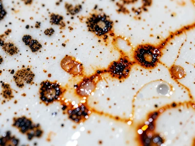 Shino glaze extreme macro, white surface with trapped carbon creating orange fla