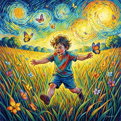 Post-impressionist Provençal intensity, emotional saturated color, A child chasi