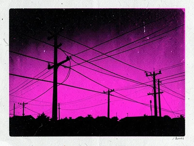 Power lines and utility poles against a sky in black and fluorescent pink