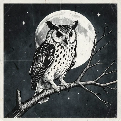 An owl perched on a bare branch against a full moon, feathers ruffled