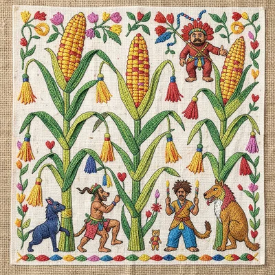 Otomi Tenango embroidery illustration, corn stalks with tassels and spirit figur