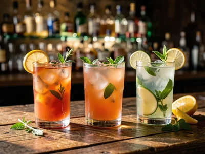 Three craft cocktails in different glasses garnished with citrus and herbs on a 