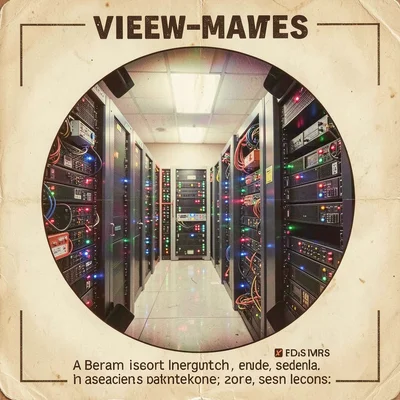 A data center server room with blinking lights framed in a circular View-Master 