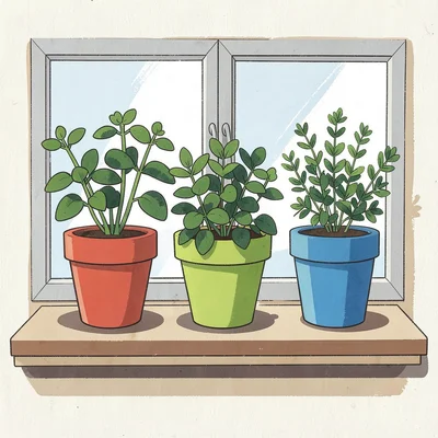 Kitchen windowsill with three herb pots, each pot a different vivid flat color
