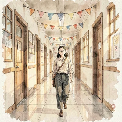 Painted illustration of a teacher walking down a school corridor at golden hour,