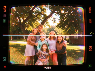 Paused VHS frame of family around tree, tracking lines, warm degradation
