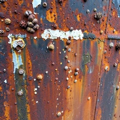 Rusty ship hull texture with barnacles and peeling paint, abstract close-up