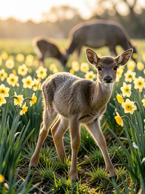 A newborn fawn still wobbly on its legs, standing in a field of wild daffodils, 