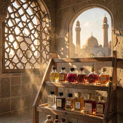 Islamic Cairo geometry, medieval city light, perfume bottles in wooden rack, amb