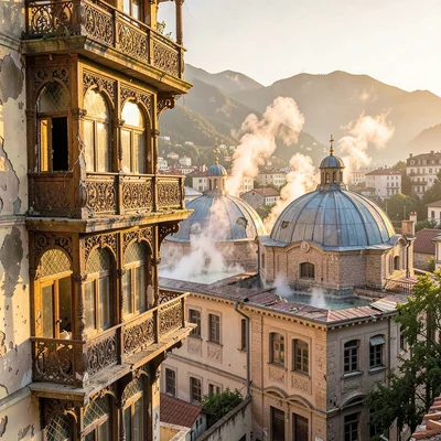 Crumbling Art Nouveau balconies in golden Tbilisi light, sulfur baths district w