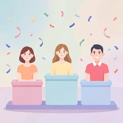 Flat illustration of a leaderboard with three avatar pedestals and confetti, sof
