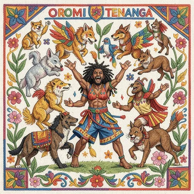 Otomi Tenango embroidery illustration, spirit animals dancing in celebration , e