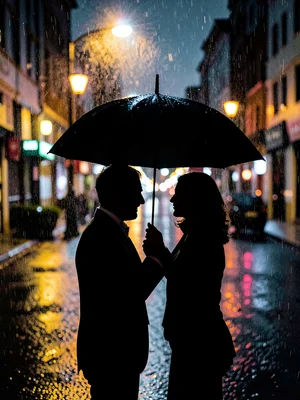 Two people under one umbrella silhouetted against rainy street lights
