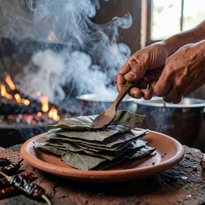 Dried Avocado Leaves Stacked on Clay Plate