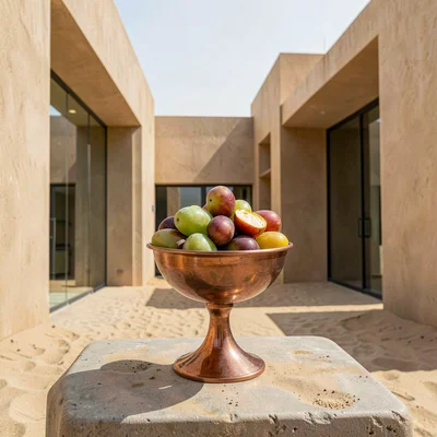 Contemporary Gulf photograph with heritage contrasts, Fresh dates on stem in cop