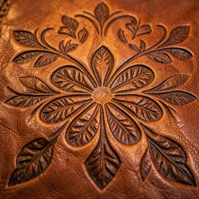 Leather texture with hand-tooled floral pattern, western craft, warm lighting