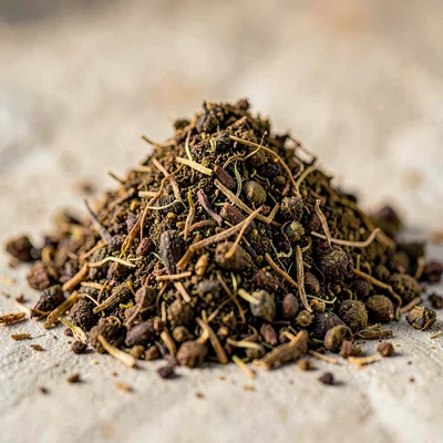 Mineral-cut macro of a tobacco grind pile, hard top light