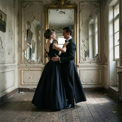 Buenos Aires faded grandeur, belle époque decay, A tango couple dancing on worn 