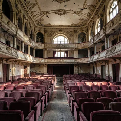 Buenos Aires faded grandeur, belle époque decay, An empty theater with velvet se