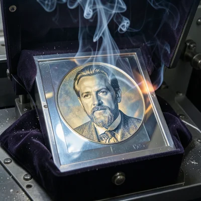 A laser engraving machine burning a portrait into a sheet of anodized aluminum, 