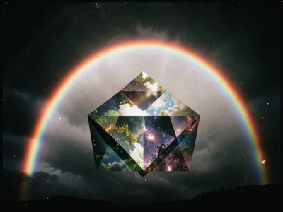 Full double rainbow arcing across dark storm sky, secondary bow with reversed co