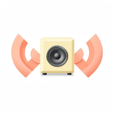 small geometric loudspeaker-shape in butter-yellow with three coral broadcast ar