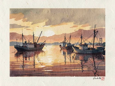 Harbor fishing boats at dusk, warm ochre and rust reflections on water