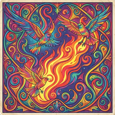 Psychedelic poster illustration, fire transforming into flying birds , vibrating