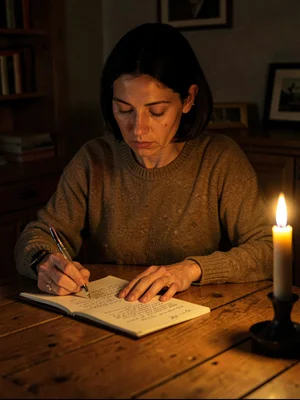 A woman reading handwritten letters at wooden table, single taper candle casting