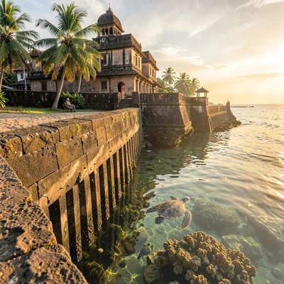 Galle fort golden hour, Dutch colonial tropical, Sea turtle swimming past fort w