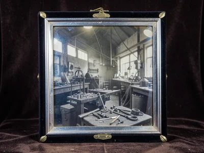 Industrial workshop captured in vintage photographic style, hand tools, antiqued