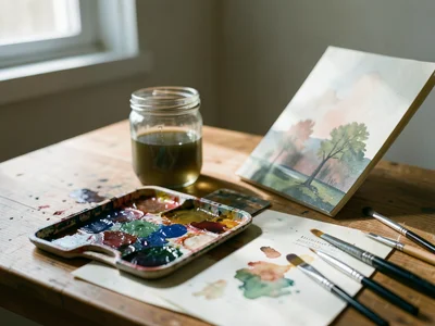 A watercolor painter's table: a palette of wet pigment, a jar of murky water, a 