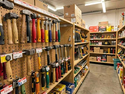 Hammer wall on pegboard, graduated sizes, different handle materials, the tool s
