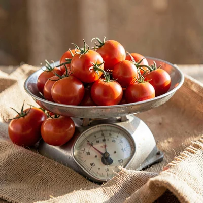 Warm close-up of a weighing scale with a pile of tomatoes spilling onto burlap