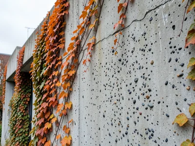 Brutalist concrete building with autumn ivy climbing walls, orange against grey