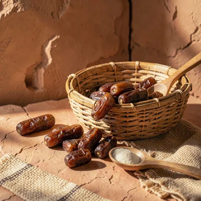 Warm desert-toned photograph, Medjool dates spilling from woven basket, golden b