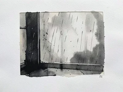 Monoprint of spring rain on window, ink transferred once leaving ghostly trace