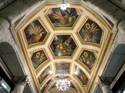 The ceiling of a Moscow Metro station, ornate plaster vault with octagonal coffe