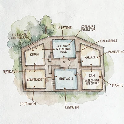 Hand-drawn illustrated venue map of a Reykjavík conference hall with annotated r