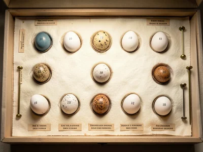 A collection of bird eggs arranged in a padded drawer with individual indentatio