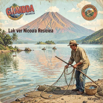 Colonial color against volcano in Granada, Nicaragua, A fisherman mending nets o