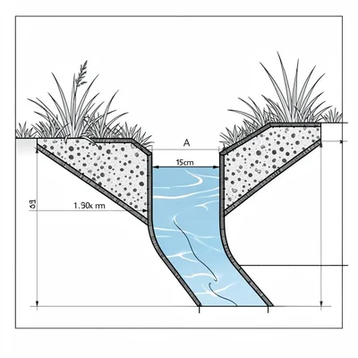 Technical illustration of a swale-and-berm cross-section showing water flow