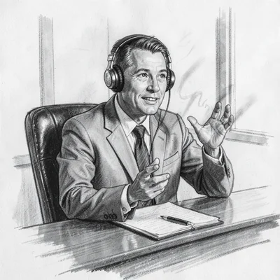 Loose charcoal sketch of a supervisor at a desk with headphones, motion smudge o
