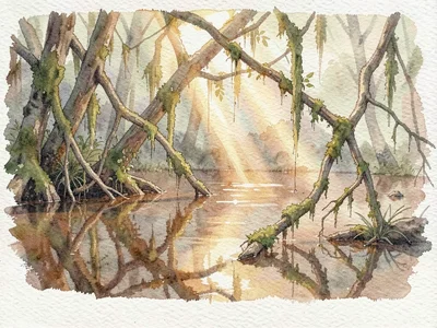 Slow brown water reflects a tangle of moss-draped branches with one warm shaft o