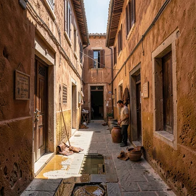 Through the Fes tannery eye, leather and dye craft, Medina alleyway at noon, wal